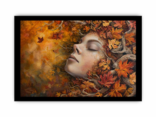 Framed artwork of a woman's face intertwined with autumn leaves