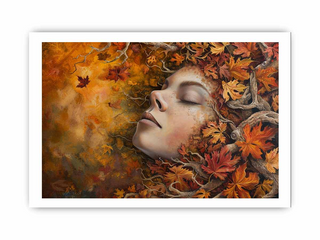 Artistic depiction of a face surrounded by autumn leaves and branches.