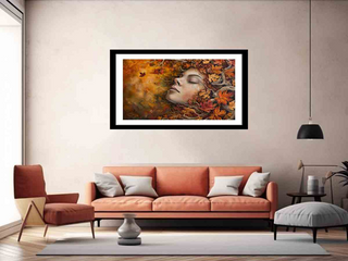 Framed artwork above a sofa in a living room setting