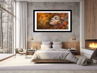 Modern bedroom with a large framed artwork on the wall