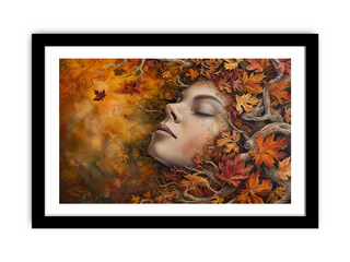 Framed artwork of a woman's face surrounded by autumn leaves
