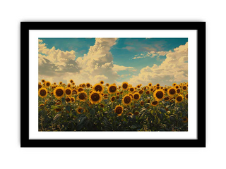 Framed artwork of a sunflower field with a blue sky and clouds.