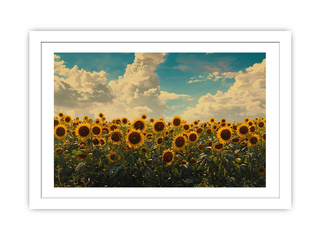 Framed artwork of a sunflower field with a blue sky and clouds.