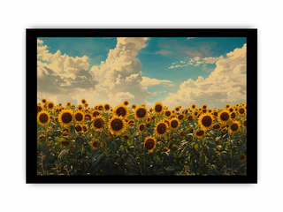 Framed artwork of a sunflower field with a blue sky and clouds.