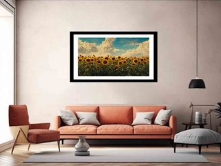 Framed artwork of a sunflower field on a wall above a sofa in a living room.