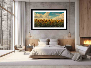 Modern bedroom with a large framed picture of sunflowers on the wall.