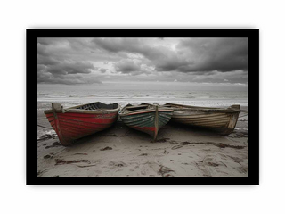Three wooden boats on a beach with a stormy sky