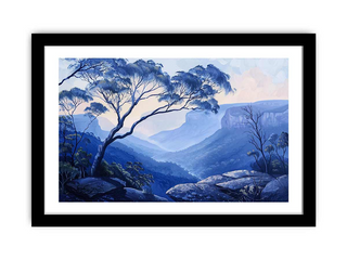 Framed artwork of a mountain landscape with trees and rocks, rendered in blue tones.