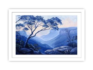 Framed artwork of a blue landscape with trees and mountains