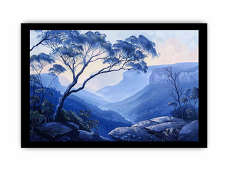 Framed artwork of a mountain landscape with trees and rocks in blue tones.
