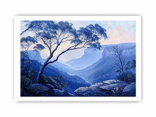 Framed artwork of a blue mountain landscape with trees and rocks.