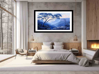Modern bedroom with a large framed landscape painting on the wall.