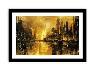 Framed abstract cityscape artwork with gold and black tones.