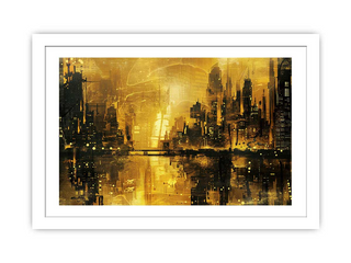 Framed artwork of a cityscape with gold and black tones on a white background