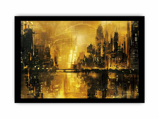 Framed abstract cityscape artwork with gold and black tones.