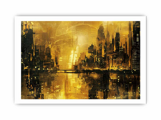 Abstract cityscape painting with gold and black tones on a white background