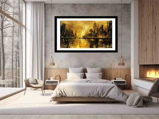 Modern bedroom with a large framed artwork on the wall