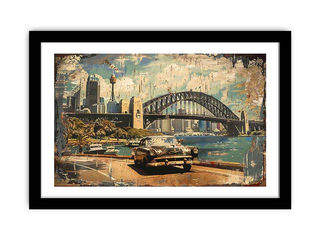 Framed artwork of a cityscape with a bridge and vintage car, featuring a distressed texture.