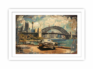 Framed artwork of a cityscape with a bridge and vintage car.