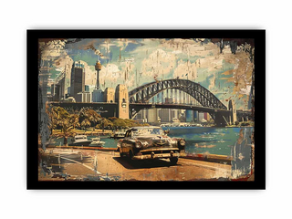 Framed artwork of a vintage car by a waterfront with a bridge and city skyline in the background.