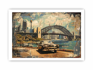Artistic depiction of a cityscape with a bridge and vintage car on a dock.