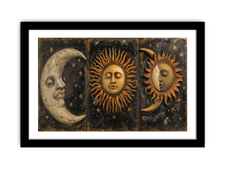 Framed artwork with faces on a moon, sun, and another celestial body against a starry background.