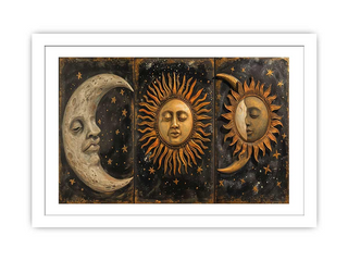Triptych artwork of celestial faces with sun, moon, and star design on a dark background.