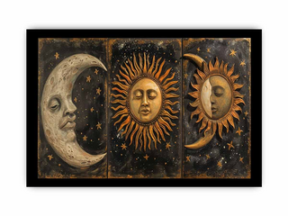 Triptych artwork of celestial designs with faces, including a moon, sun, and half-moon, on a dark background.