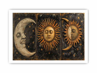 Triptych artwork of celestial designs with faces on a dark background
