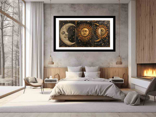 Decorative wall art of sun, moon, and star design in a bedroom setting.