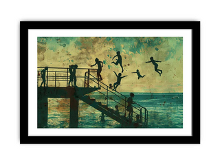 Artistic depiction of children playing on a pier with a textured background