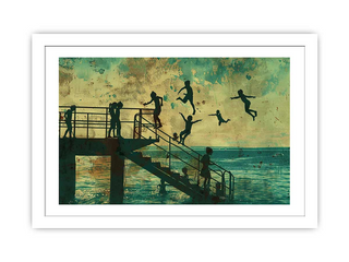 Artistic depiction of children playing on a dock with a textured green and brown background.