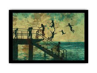 Artistic depiction of children jumping into water from a pier with a vintage filter.