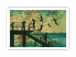 Artistic depiction of children jumping into water from a dock with a textured background.