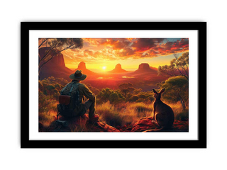 Framed artwork of a man and kangaroo sitting together in a desert landscape at sunset.