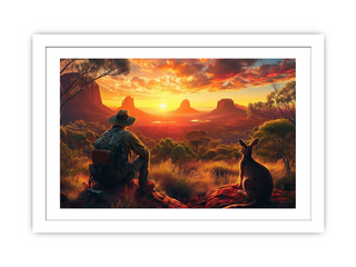 Framed artwork of a man and kangaroo sitting in a desert landscape with a sunset.
