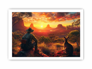 Man and kangaroo sitting together in a desert landscape with a sunset.