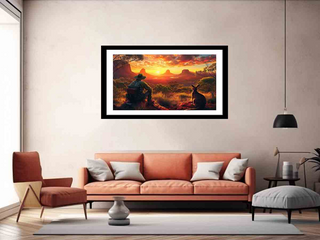 Framed artwork of a sunset scene with a person and kangaroo on a wall above an orange sofa in a living room.