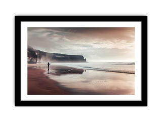 Framed artwork of a beach scene with a person walking on the sand.