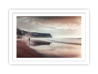 Framed artwork of a person standing on a beach with a dramatic sky.