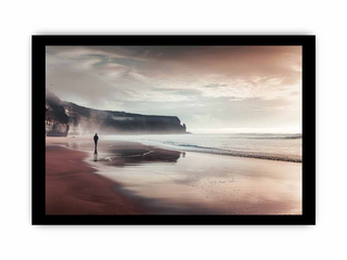 Person standing on a beach with cliffs and a cloudy sky, framed picture.
