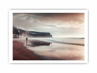 Person standing on a beach with cliffs and a cloudy sky