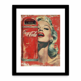 Framed artwork of a woman with a Coca-Cola machine on a red background
