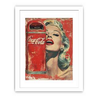 Framed artwork of a woman with a Coca-Cola machine on a red background