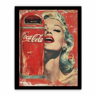 Framed artwork with a Coca-Cola can and a stylized portrait on a red background