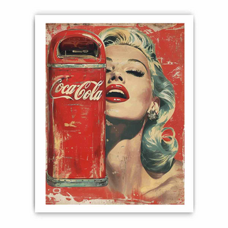 Vintage-style Coca-Cola bottle with a stylized woman's face on a red background