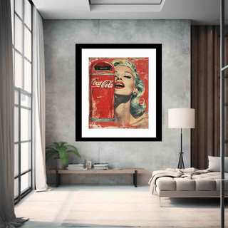 Framed artwork of a woman with a Coca-Cola bottle in a modern living room.