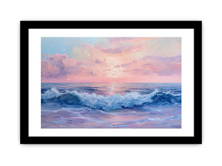 Framed artwork of a beach scene with waves and pink sky.