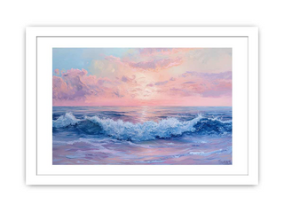 Framed artwork of a sunset over the ocean with crashing waves.