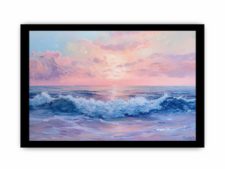 Framed artwork of a sunset over the ocean with pink and purple skies.